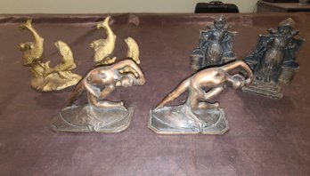 3 Sets Of Antique Rout Iron Book Ends