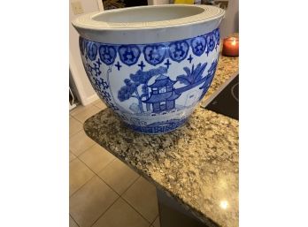 Blue And White Chinoiserie Pagoda And Floral Planter Made In China Medium Size