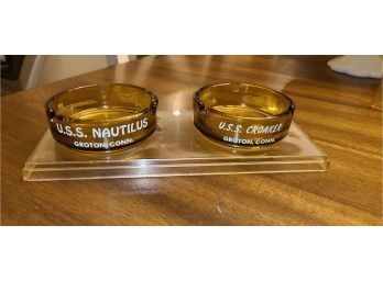 RETRO USS NAUTILIS AND CROAKER SUBMARINES 3.5' GLASS ASHTRAYS IN PLASTIC  PROTECTIVE CASE
