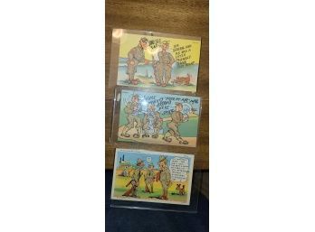 3  Antique US Army Postcards By Curtis Teich & CO CT Army Comics One Cent Stamp On Reverse