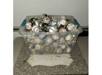 Large Plastic Bin Filled With Replicated Signatures Of Baseball Teams Professional And Minor Leagues About 60