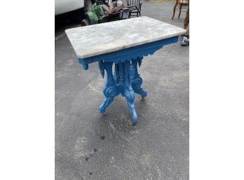 French Bistro Style Blue Wooden Side Table On Wheels With Marble Top
