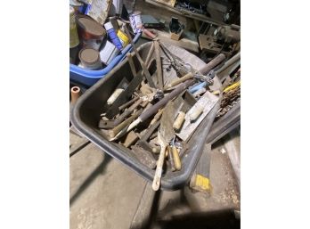 Lot Of Miscellaneous Tools:  Wrenches, Files, Paint Equipment, Hamer, Wench, Etc. - Wheelbarrow Included