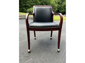 Hancock And Moore Fine Furniture Black Leather Wood Gold Trim Office Chair On Wheels