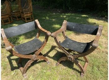 Pair Of 19th Century Italy Renaissance Savonarola Chairs Hand Carved Wood Tooled Leather