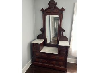 Antique Victorian Carved Marble Top Step Down Dresser Chest W/ Mirror