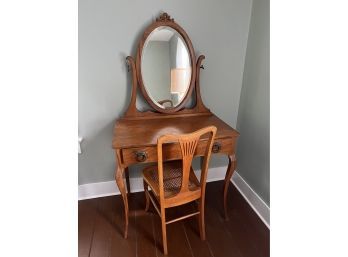 Antique Wooden Vanity With Mirror And Chair