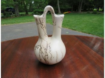 Ceramic White With Brown Marbled Double Stem Flower Vase With Handle