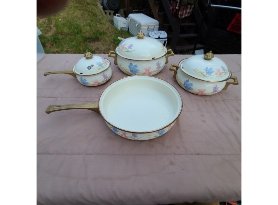Vintage  TL Flower Country Cookware Enamel Pot Lid Pan Brass Handles 7 Piece Set TL