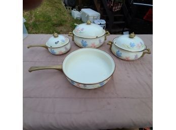 Vintage  TL Flower Country Cookware Enamel Pot Lid Pan Brass Handles 7 Piece Set TL