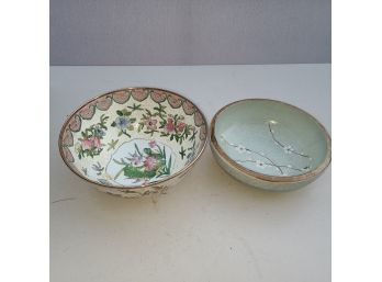 Is 2 Japanese Handpainted Bowl's Gold Rim Is 10' Smaller 1 Is 9 And A Quarter Inches