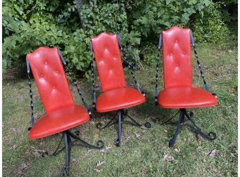 Three Red Leather & Wrought Iron Vintage Swivel Chairs