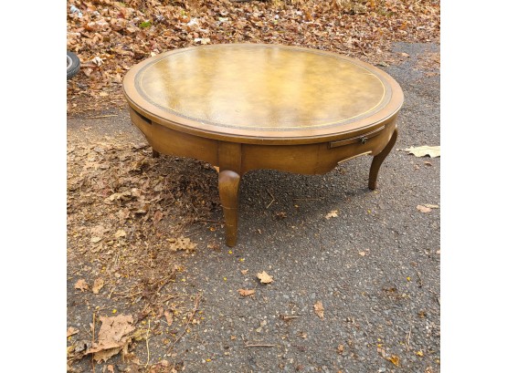 Round Leather-top, Carved Living Room Table