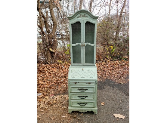 Tall Hand Painted Secretary With Beautiful  Carvings And  Top Cabinet