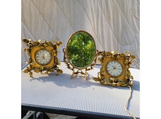 2 Antique Globe Guild Crest Brass Mantle Clocks And 1 Antique Mirror