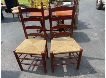 Pair Of Red Wood & Wicker Seated Chairs