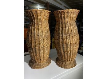 Pair Of Wicker Rattan Large Vases