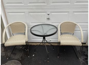 3 Piece Outdoor Bistro Set Wicker  Rattan Chairs & Wrought Iron Glass Top Table