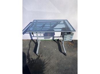 Glass And Metal Architect's Adjustable Drafting Table On Wheels