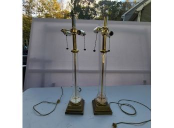 Pair Of Retro Glass & Brass Cast Double Pull Chain Lamps