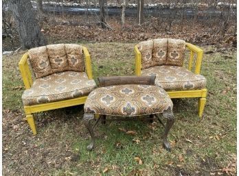 Custom Vintage Pair Of Yellow Painted Wood Chairs And Wood Bench With Wicker &  All With Paisley Upholstery