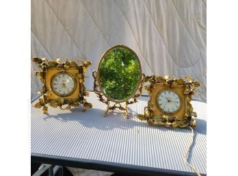 2 Antique Globe Guild Crest Brass Mantle Clocks And 1 Antique Mirror