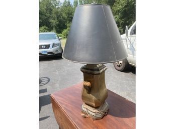 Vintage Brass Lamp With Black Shade & Ceramic Handles