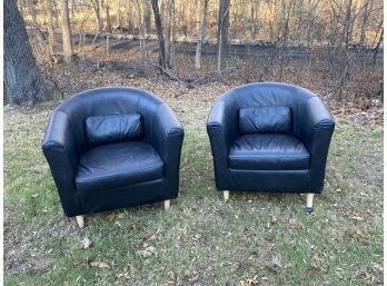 Pair Of Black Leather Retro Look Chairs With Built In Pillows