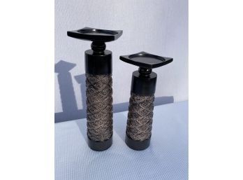 Pair Of Wood And Coppery Metal Pillar Candle Holders
