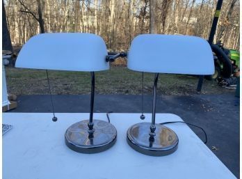 Pair Of Office Lamps, White Glass Shades, Chrome Post And Base