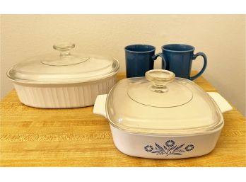 Lot Of Two Covered Casseroles And Two Blue Corning Mugs