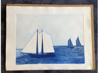Vintage Print By Joy Jerviss,  Nautical Scene, Numbered Edition Blue Skies
