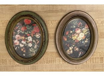 Pair Of Decorative Oval Floral Prints With Faux Wood Frames Italy