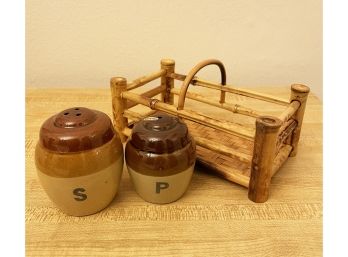 Vintage Stoneware Salt And Pepper Shaker Set With Straw Caddy