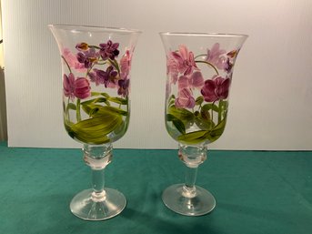 Glass Hand Painted Candle Holders, 13 Tall