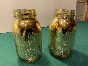 2 - 1 Quart, Gold Mercury Glass Mason Jars
