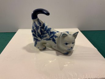 Porcelain Cat Figurine On The Prowl, Blue Leaf Painted