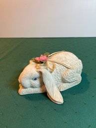 Ceramic White Lop-eared Rabbit With Fabric Bow & Flower