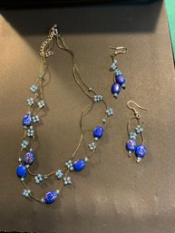 Blue & Gold Bead Dangle Earrings & Necklace Set