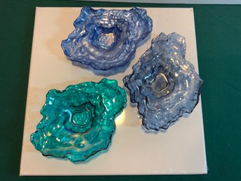 Vintage Teal Green, Cobalt Blue And Midnight Blue Turkish Glass Oyster Shell Dishes