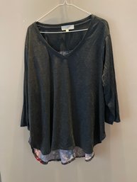 3X Woman's Top, V Neck, Dark Gray In The Front Print On The Backside