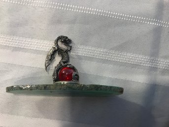 Pewter Dragon On Green Agate With Red Glass Ball