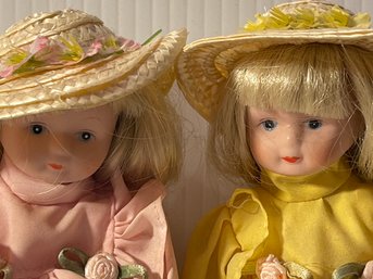 VINTAGE LOT OF 2 PORCELAIN FACE Bisque Dolls 8' YELLOW AND PINK DRESS