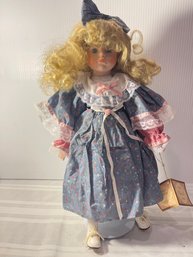 Vintage Porcelain Doll 16' Blonde Curly Hair Blue Floral Dress Hair Bow 1992