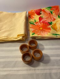 8 Cloth Napkins /4-yellow 4-floral And 4 Wooden Napkin Rings