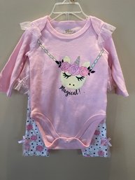 New/ 2 Piece Outfit 6-9 Months /magical - Sparkly  Unicorn Onesie, With Flower And Tutu Leggings