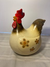 Ceramic Rooster Figurine, Brown Flowers On Off-White, 8.75' Tall