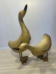 2 Vintage Duck Statues -  Hollow Wood And Metal Feet