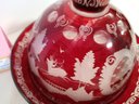 Vintage Red Bohemian Glass Covered Dish Cut To Clear