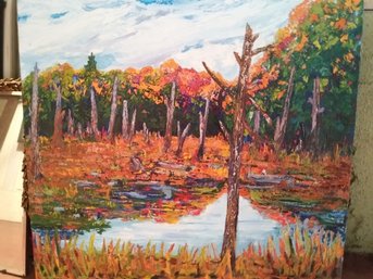 Signed Pat McGoey Landscape Oil Painting On Canvas 36' Fall Pond Algonquin ART